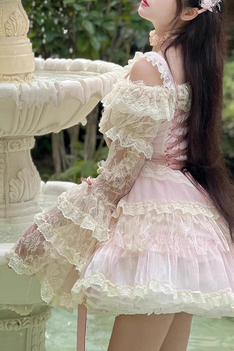 Pink Delicate Lace Flowers Love Song Bowknot Lace Sweet Lolita Dress