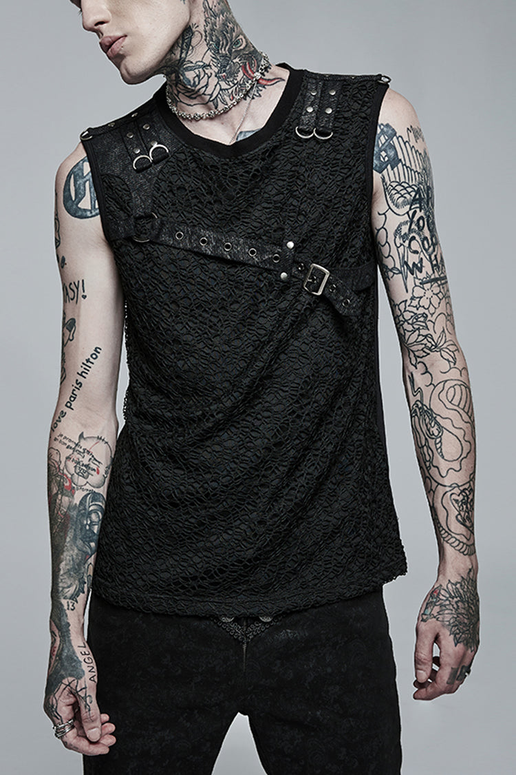 Black Sleeveless Stitching Mesh Buckle Men's Steampunk Vest