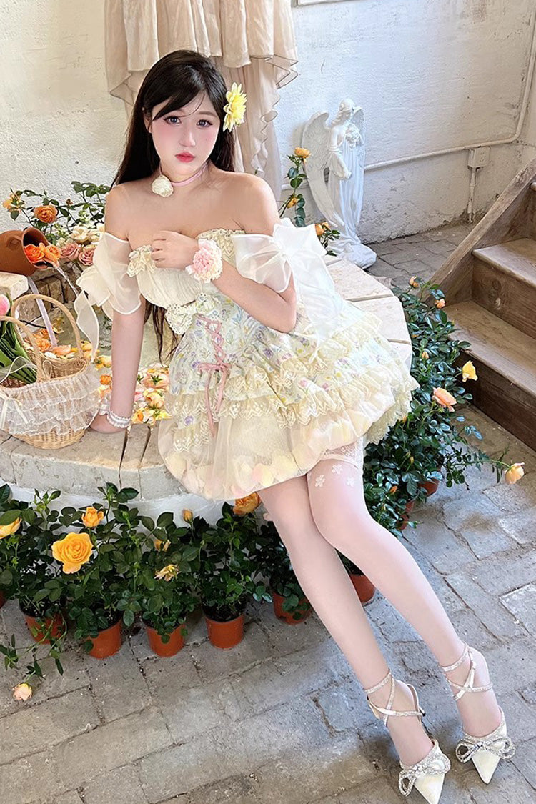 Ivory [Flower Story] Tulip Print Bowknot Lace Sweet Lolita Skirt