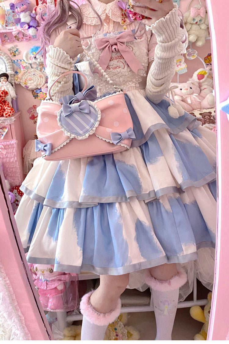 Blue Sleeveless Triple-Layered Cow Print Ruffle Bowknot Sweet Lolita Jsk Dress