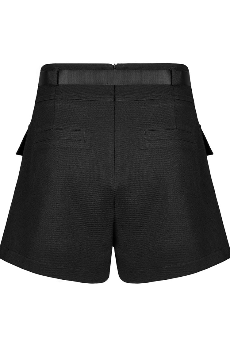 Schwarze lässige Kreuzlaminierung, hohe Taille, Design mit Metallhalbmond, Zubehör, Dekoration, gefälschte Punk-Zweiteiler-Shorts für Damen