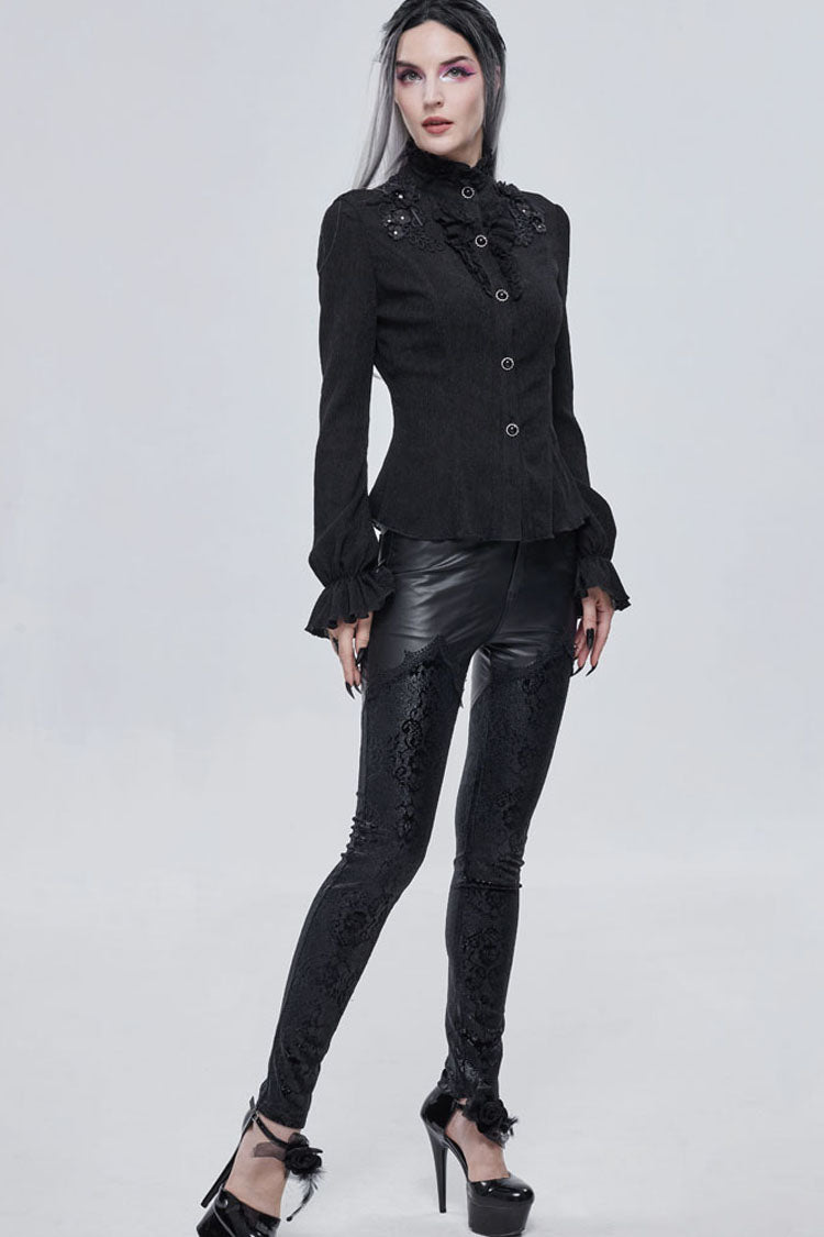 Black Gothic Metal Rose Button Leather Lace Panel Slim Fit Women's Long Pants