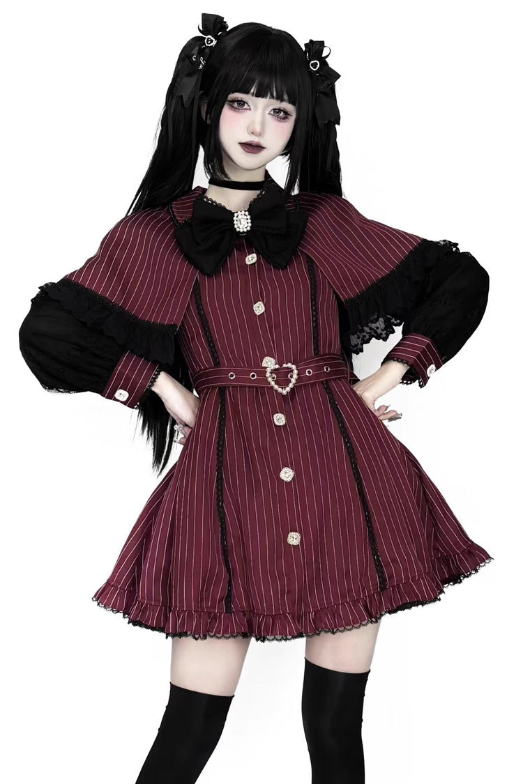 Red Long Sleeves Stripe Print Removable Cape Ruffle Lace Gothic Jirai Kei Elegant Dress