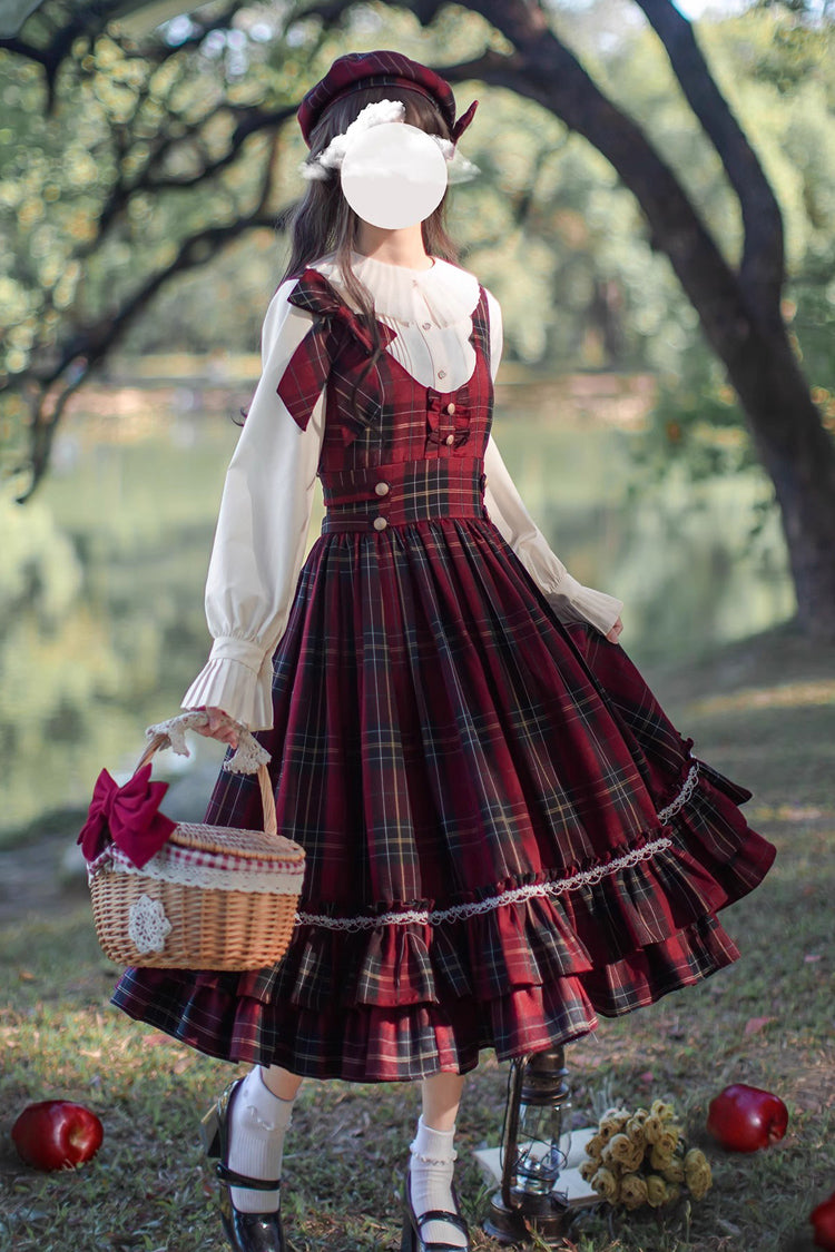 Rotes [Rotkäppchen] Doppellagiges, kariertes Rüschen-Schleifen-Pulloverkleid im Vintage-Stil mit süßer Lolita-Kleidung