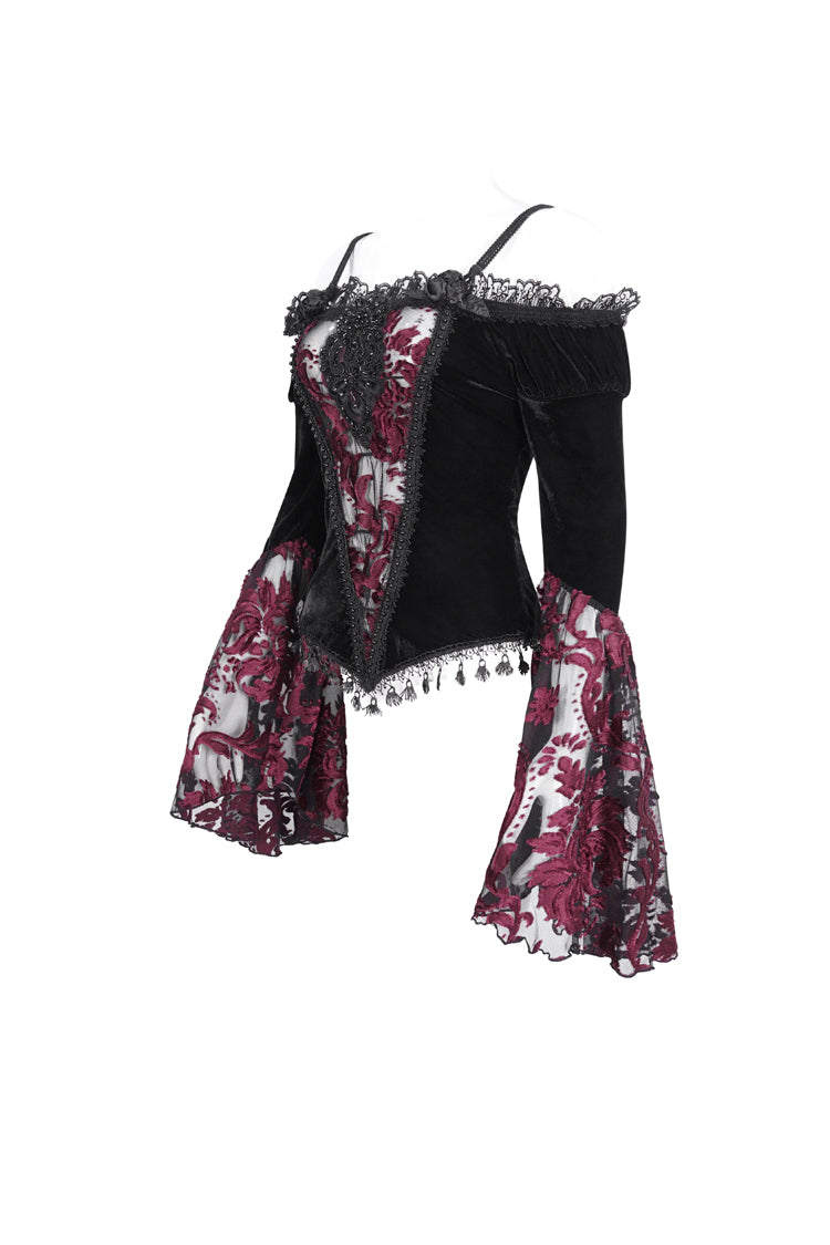 Black/Red Off Shoulder Trumpet Sleeves Embroidery Lace Women's Gothic Blouse