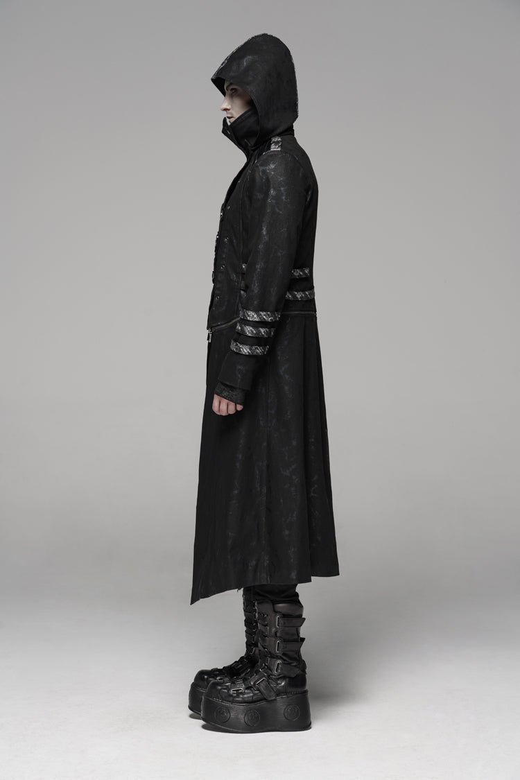 Black Stand Collar Stretch Twill Fabric Hooded Men's Gothic Long Jacket