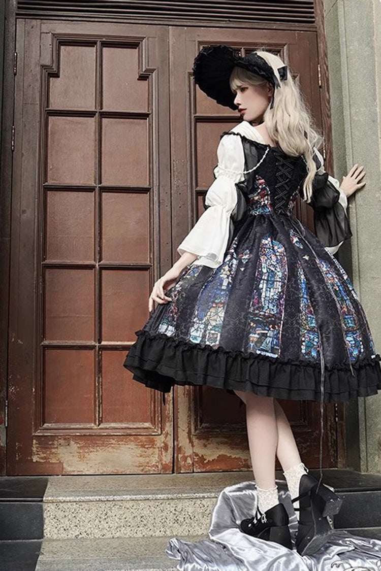 Black Stained Window Print Ruffle Bowknot Gothic Elegant Lolita Jsk Dress