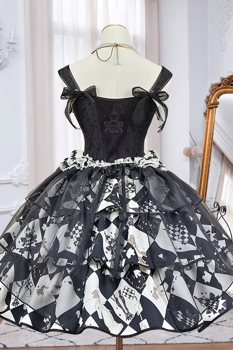 Black/White [Board Games] Triple-Layered Print Ruffle Vintage Lolita Skirt