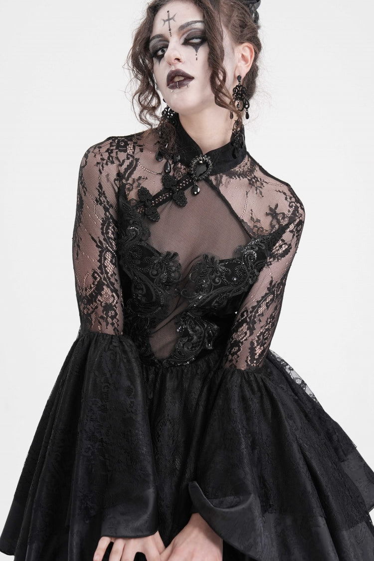 Black Long Sleeves Embroidery Lace Lace-Up Irregular Sheer Mesh Women's Gothic Dress