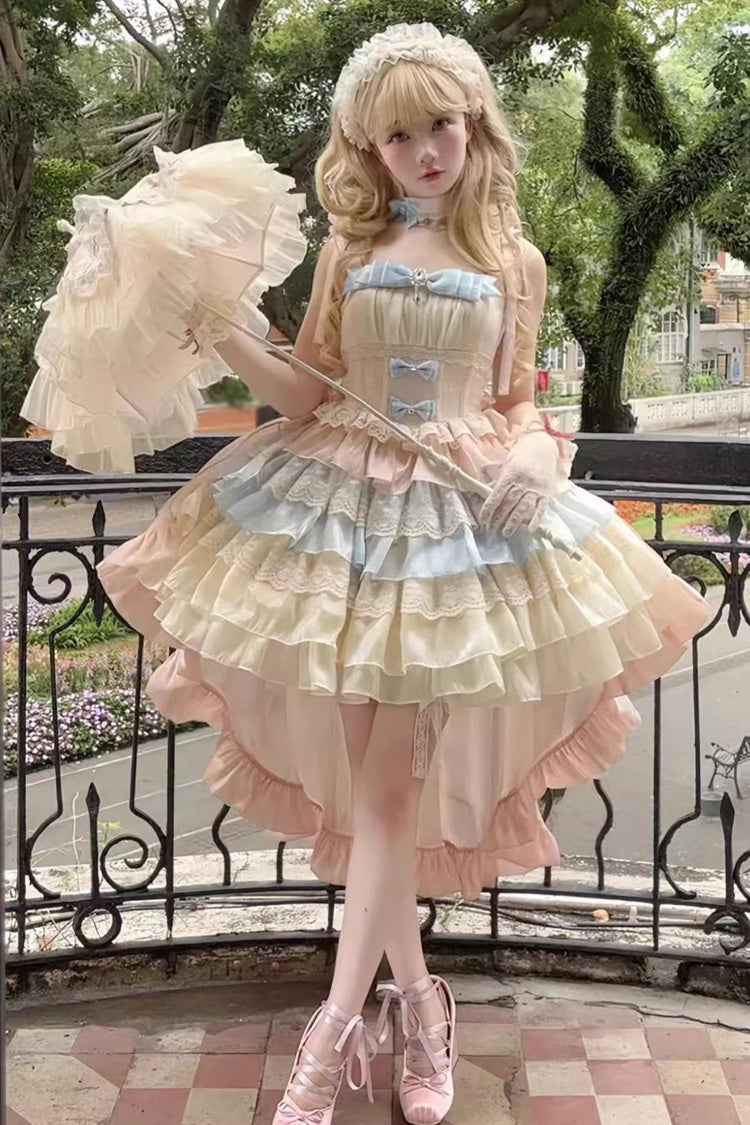 Blue/Pink/Apricot Multi-layer Ruffle Bowknot Sweet Princess Lolita Tiered Dress