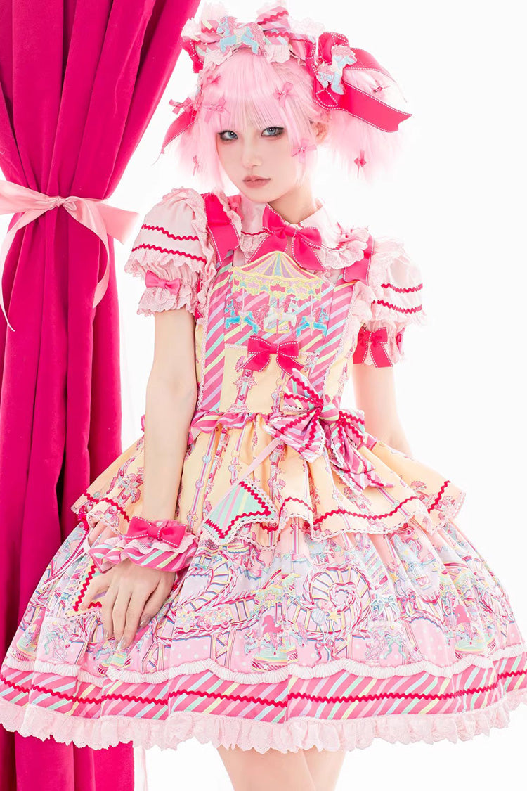 Gelb/Rosa Sweet Lolita JSK Kleid mit Rüschen und Schleife im Candy Park-Print