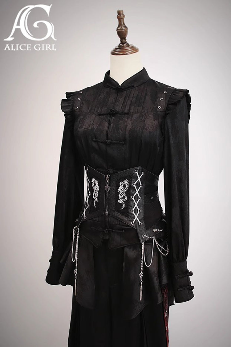 Black [Bone Dragon] Print Zipper Lace-Up Ouji Fashion Classic Lolita Waistband