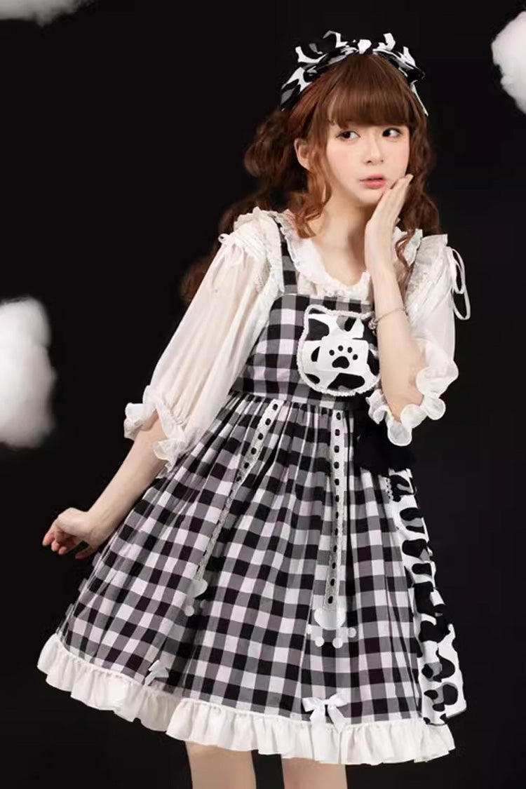 Black/White Plaid Print Cow Ruffle Bowknot Cat Claw Planet Sweet Lolita Jsk Dress