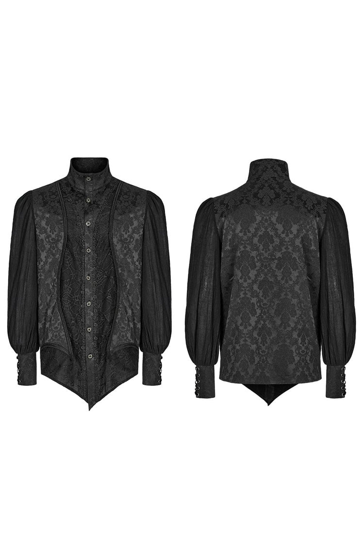 Black Stand Collar Long Puff Sleeves Jacquard Print Lace Mens Gothic Blouse