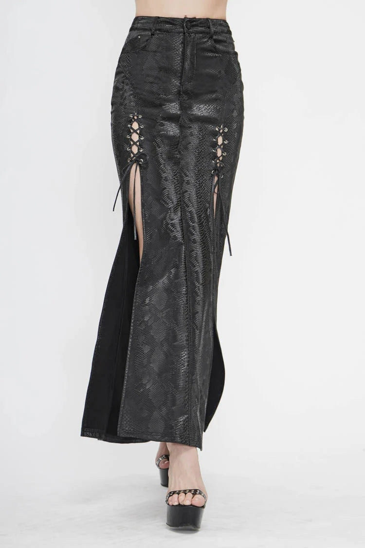 Black Snake Like Leather Side Slit Hem Lace Up Rivet Long Women's Punk Skirt