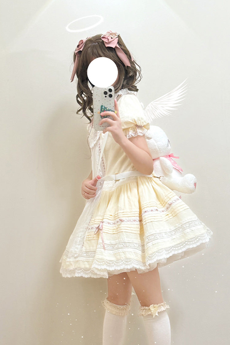 Light Yellow Doll Collar Short Sleeves Little Angel Print Bowknot Lace Sweet Lolita Dress