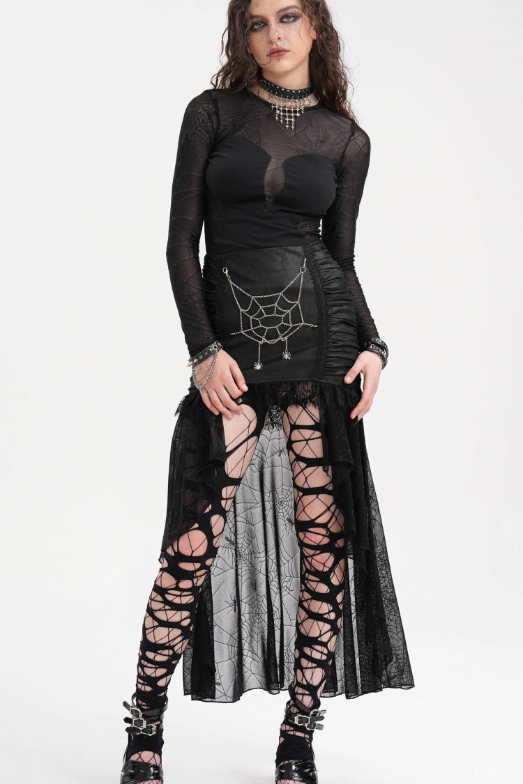 Black Chain Lace Irregular Hem Mesh Women's Gothic Skirt