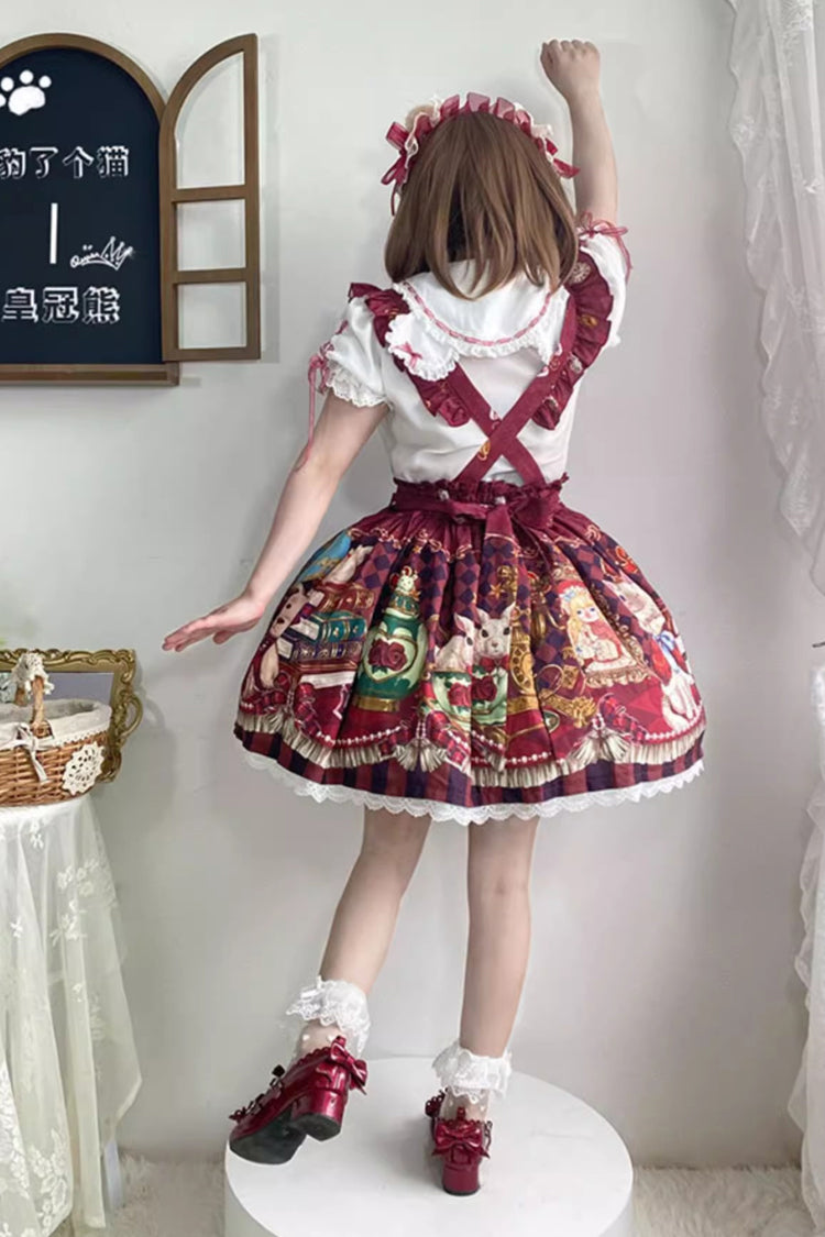 Red [Rabbit and Bear Feast] Print Ruffle Bowknot Sweet Lolita Skirt