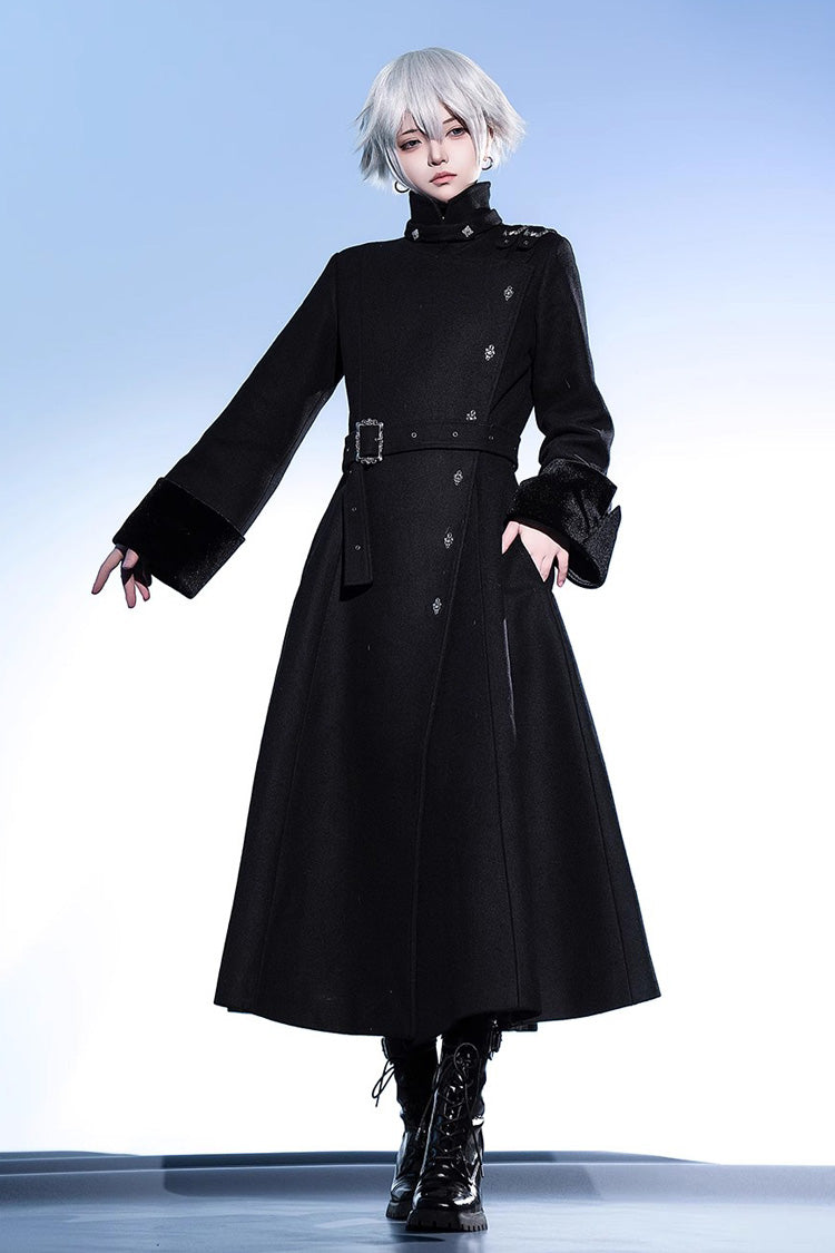 Black Stand Collar Long Sleeves Buckle Ouji Gothic Prince Handsome Lolita Coat