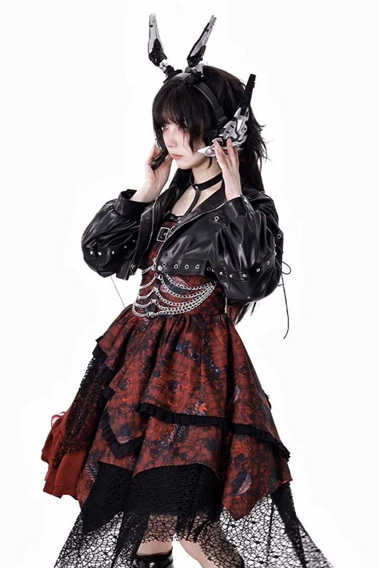 Red [Strawberries of Blood and Tears] Sleeveless Print Ruffle Bowknot Lace Asymmetric Gothic Lolita Jsk Dress