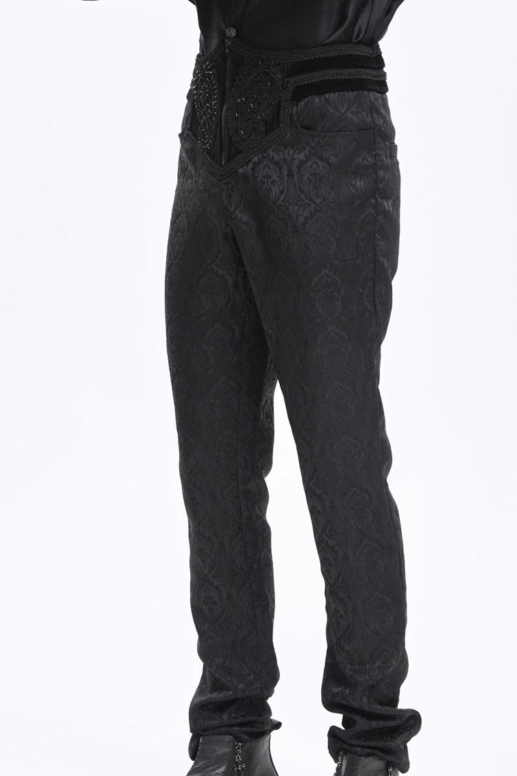 Black Floral Print Embroidery Branded Zip Men's Gothic Pants