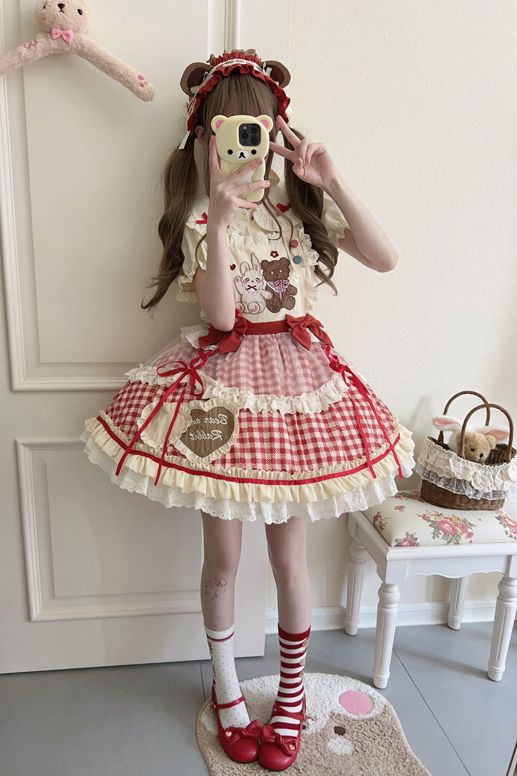 Rabbit Bear Diary Plaid Print Ruffle Bowknot Sweet Lolita Skirt 2 Colors (Blouse Included)