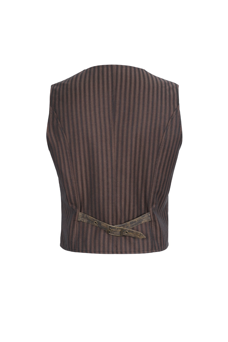 Brown Striped V Collar Stitching Slim Men's Gothic Vest