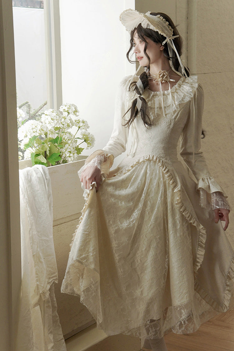 Ivory [White Tea] Long Sleeves Ruffle Bowknot Lace Irregular Classic Princess Lolita Dress