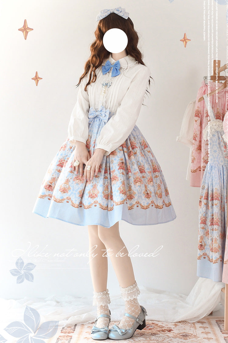 Blue [Rose Garden Rabbit] Print Ruffle Bowknot Sweet Lolita Dress