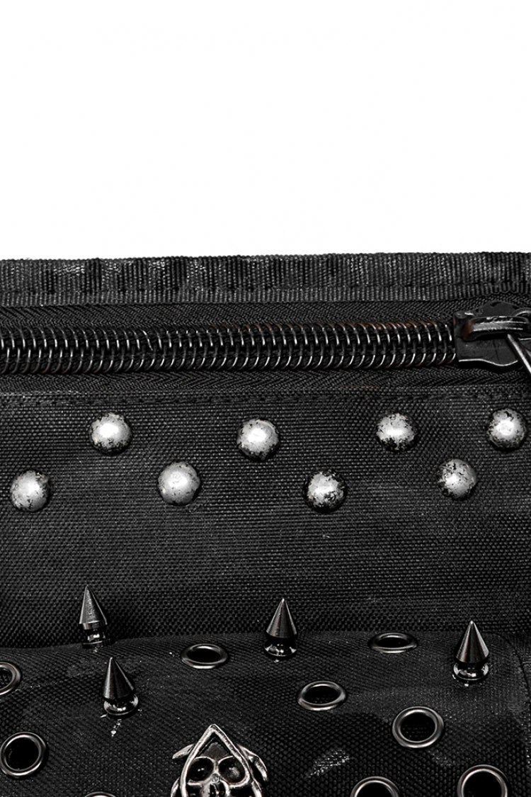 Schwarze verstellbare Steampunk-Gürteltasche mit Totenkopfnieten für Herren