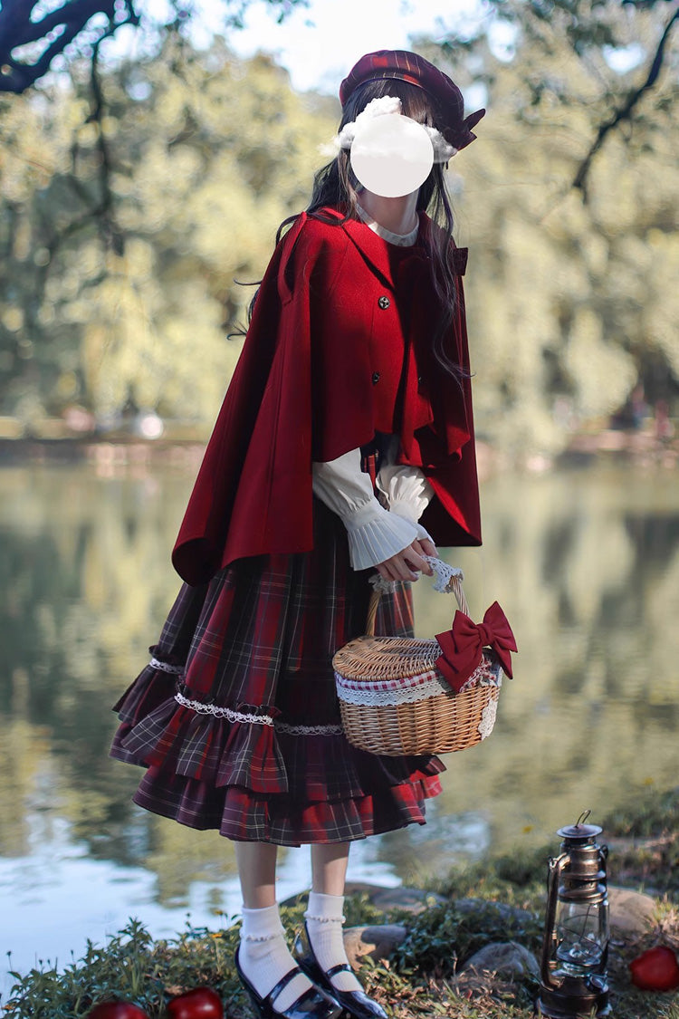 Rotes [Rotkäppchen] Doppellagiges, kariertes Rüschen-Schleifen-Pulloverkleid im Vintage-Stil mit süßer Lolita-Kleidung