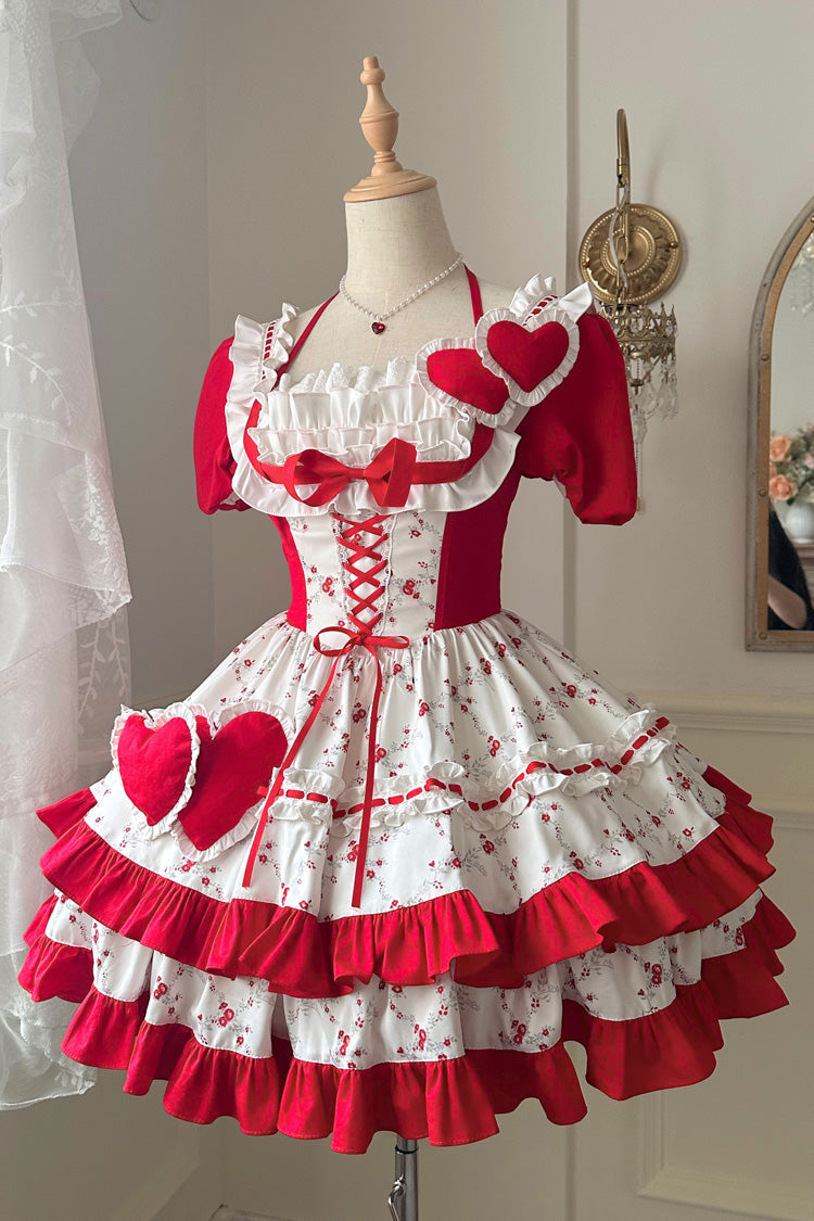 Red Double-Layered Floral Print Ruffle Bowknot Sweet Lolita Dress