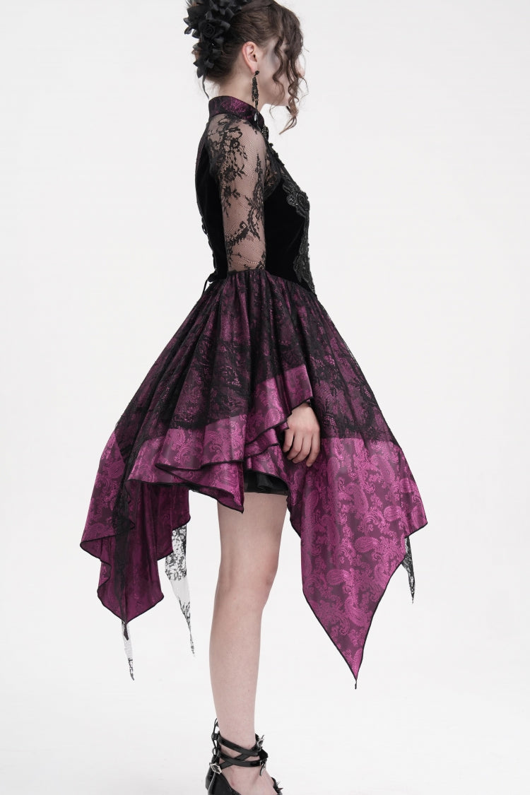 Black/Purple Long Sleeves Embroidery Lace Lace-Up Irregular Sheer Mesh Women's Gothic Dress