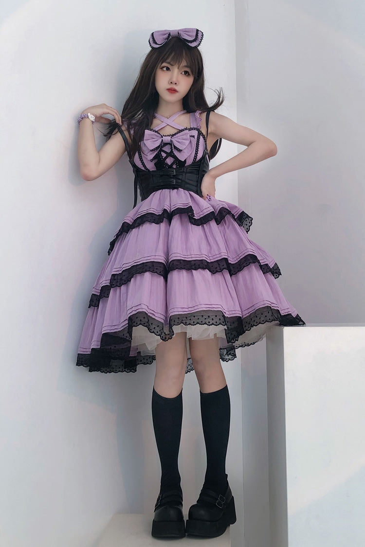 Lilafarbenes, süßes Lolita-JSK-Kleid von First Love mit Rüschen, Schleife und Spitze