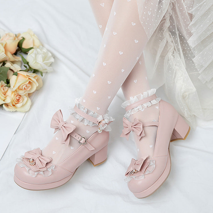 Bowknot White Frills Sweet Lolita High Heel Shoes