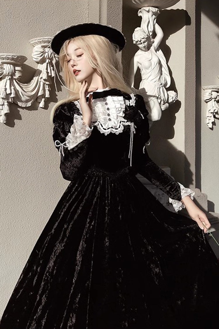 Schwarzes [Whispering Castle] Langärmliges Gothic Lolita Kleid mit Rüschen, Schleife und Spitze