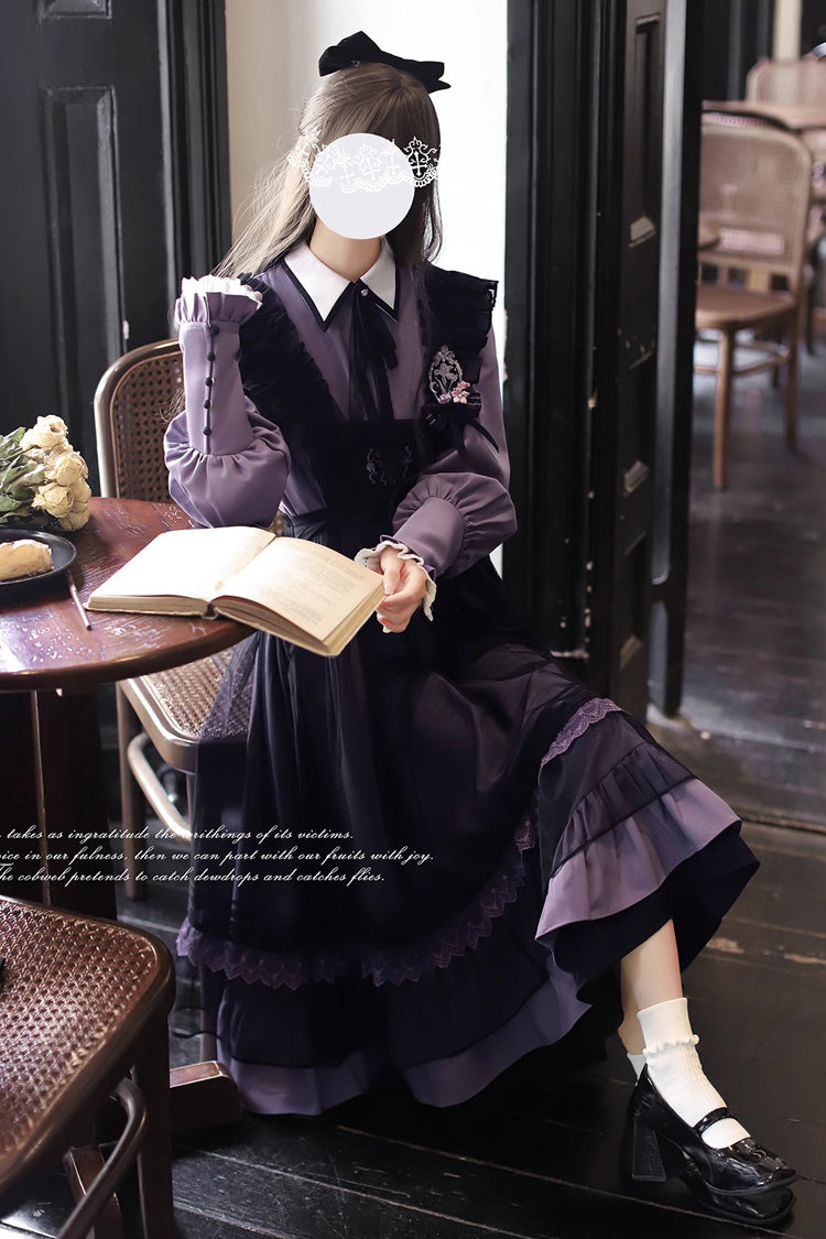 Schwarzes [Witch Academy] Doppellagiges Rüschenstickerei-Schleifennetz-Süßes elegantes Lolita-Pulloverkleid