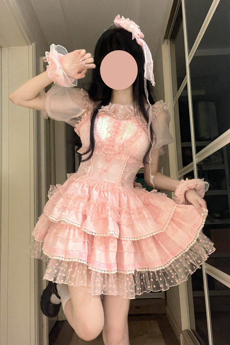 Rosa Pray for Dopamine Süßes Lolita JSK-Kleid mit mehrlagiger Rüschenspitze