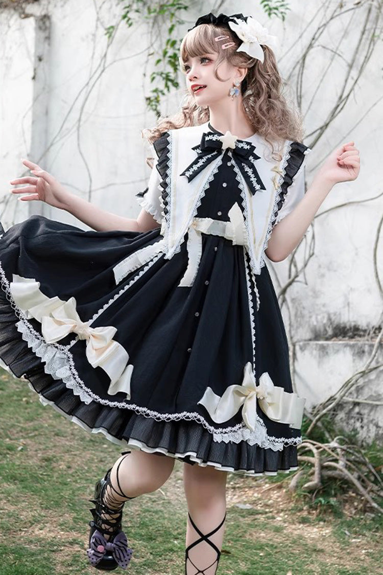 Black Sleeping Star Short Sleeves Ruffle Bowknot Lace Stitching Sweet Lolita Dress