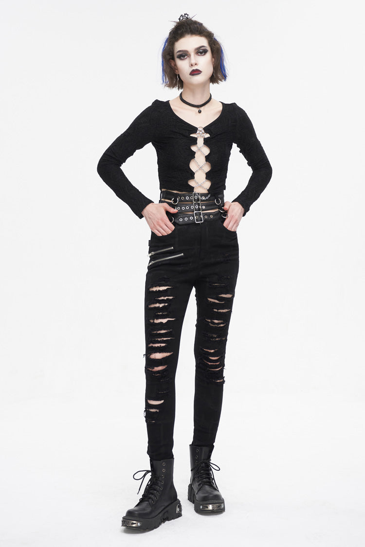 Black High Waisted Loophole Ripped Buckle Women's Punk Pants