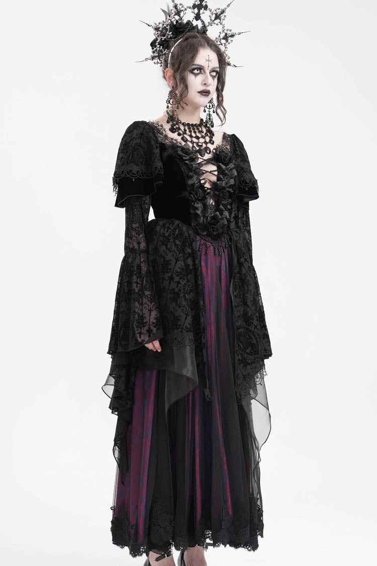 Black/Purple Crochet Long Sleeves Hanayome Lace Women's Gothic Dress