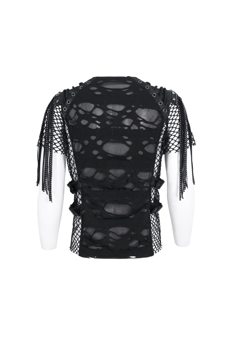 Black Round Collar Mesh Stitching Men's Punk T-Shirt