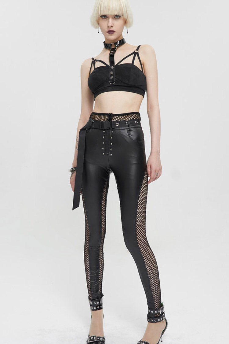 Black Fake Two-Piece Faux Leather Stitching Mesh Networking Women's Punk Pants