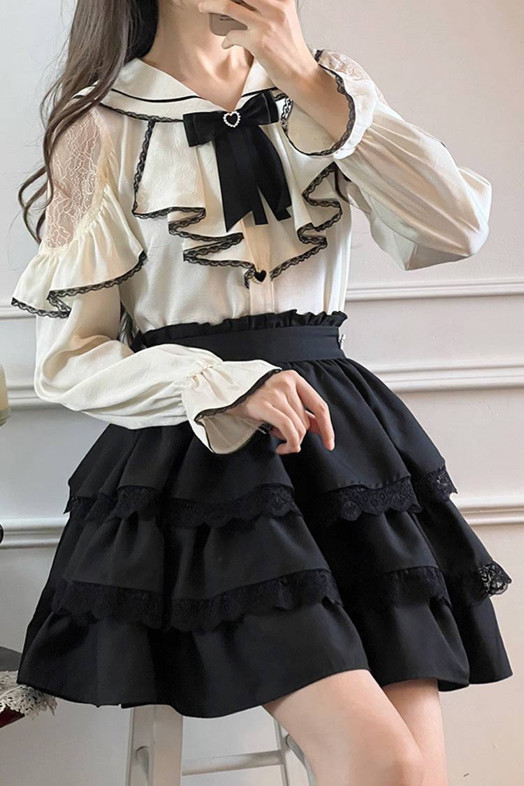 Black/White Sailor Collar Multi-Layered Ruffle Bowknot Jirai Kei Skirt Set