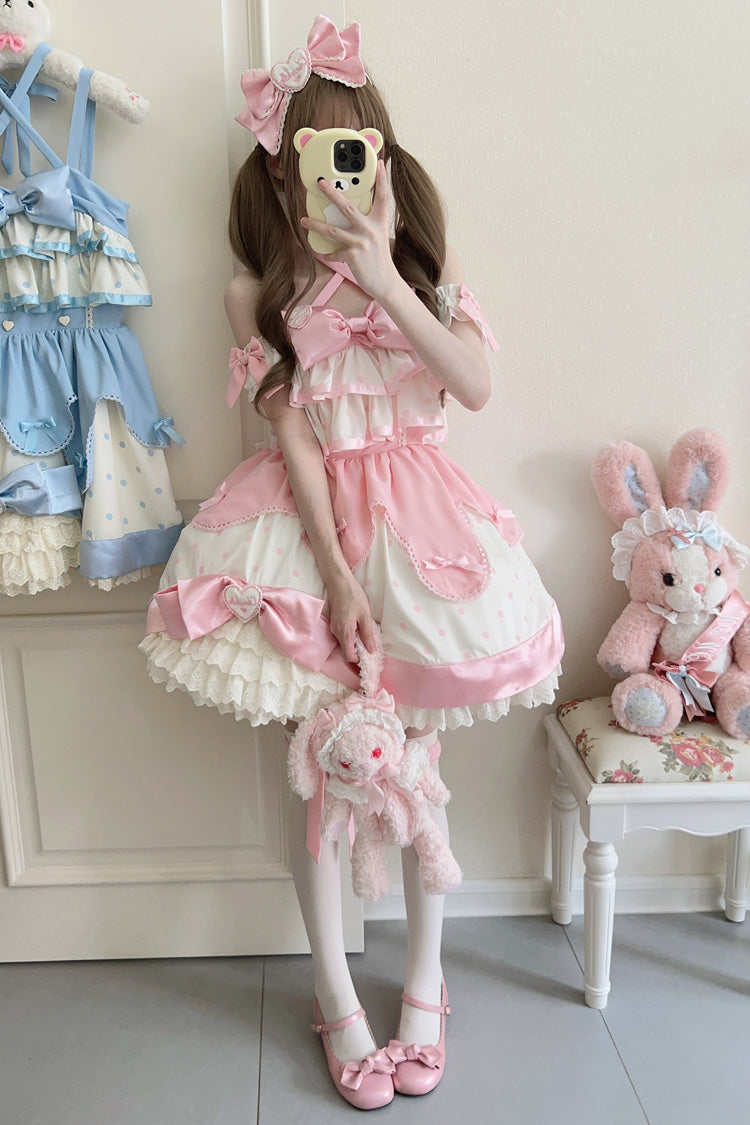 Rosa Creme Mehrlagiges Lolita JSK Kleid mit Tupfenmuster, Rüschen und Schleife