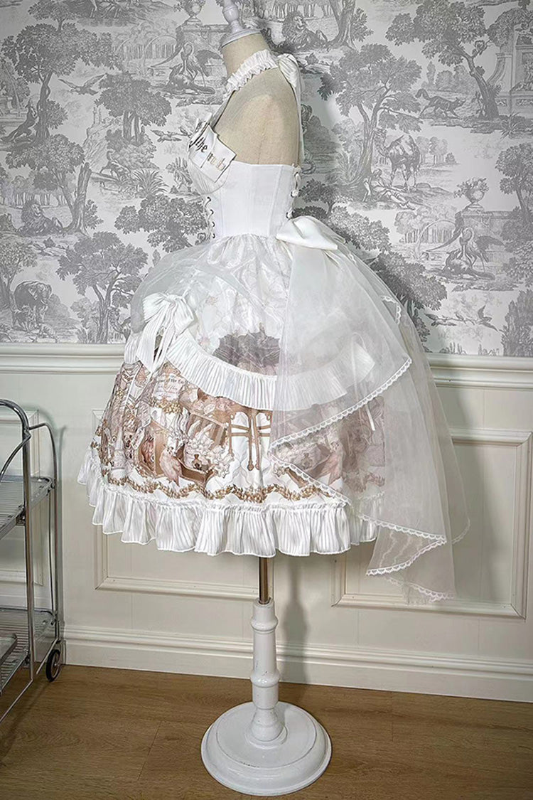 White [The Mystery of The Doll] Halterneck Print Ruffle Bowknot Drawstring Gothic Lolita Dress