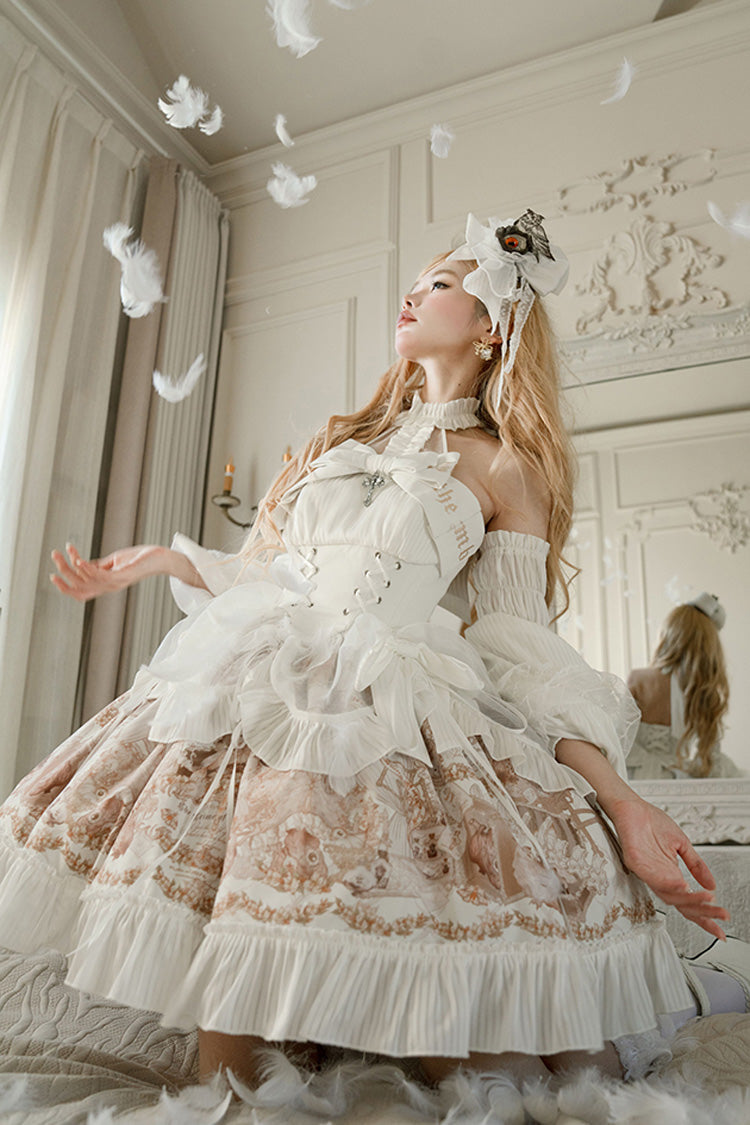 White [The Mystery of The Doll] Halterneck Print Ruffle Bowknot Drawstring Gothic Lolita Dress