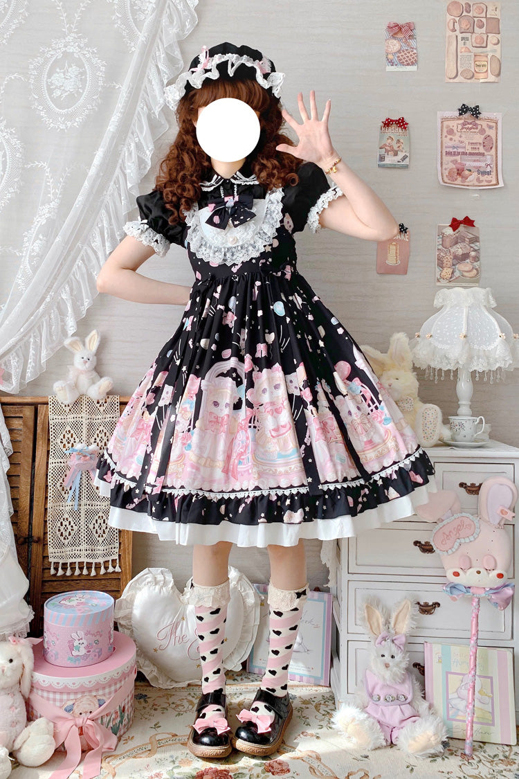 Schwarz/Rosa süßes Lolita JSK Prinzessinnenkleid mit Katzen-Print und hoher Taille, Rüschen und Schleife