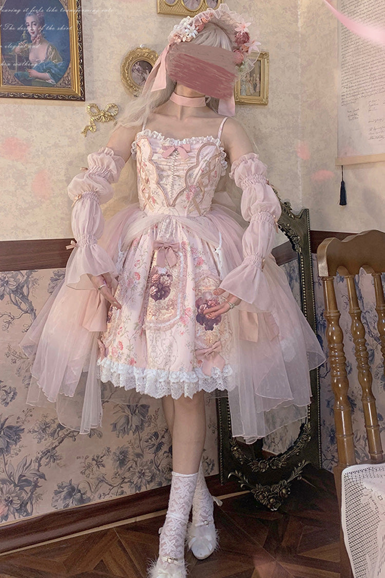 Rosa [Rosenfenster] Druck Rüschen Bowknot Spitze süßes elegantes Prinzessin Lolita Jsk Kleid