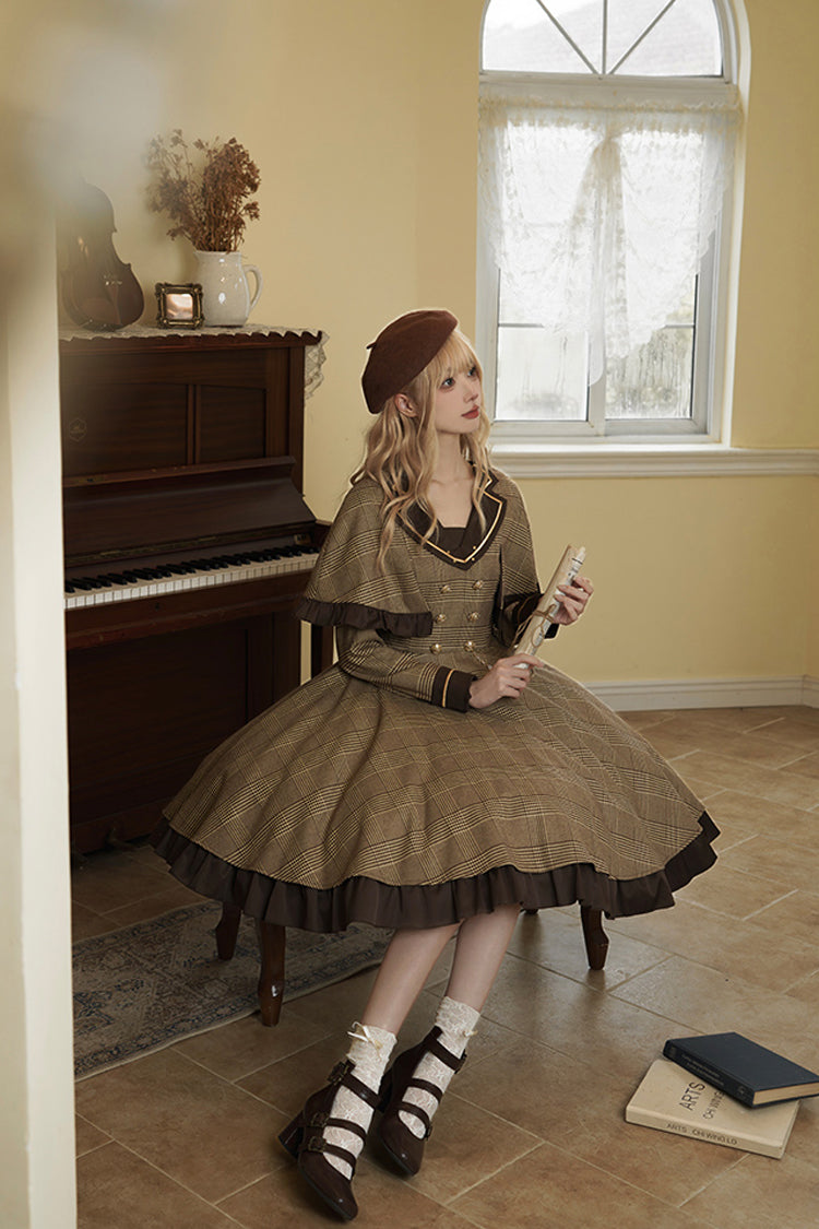 Brown [Baker Street Stories] Stripe Print Ruffle Fake Two Pieces British College Style Classic Lolita Dress